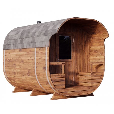 Tynnyrisauna Armas 270 termo on laadukas tynnyri muotoinen pihasauna, sisältää puulämmitteisen kiukaan, koko 270x240.