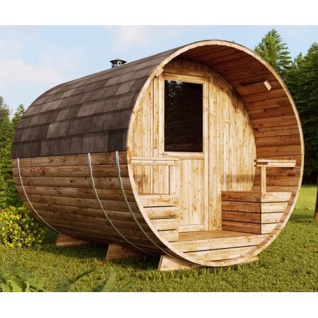 Tynnyrisauna Klassikko 270 termo on laadukas tynnyri muotoinen pihasauna, sisältää puulämmitteisen kiukaan, koko 270 cm