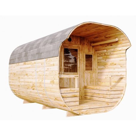 Tynnyrisauna Isäntä 486 termo on laadukas ja kookas, tynnyri muotoinen pihasauna, sisältää puulämmitteisen kiukaan