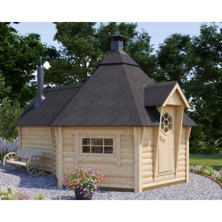 Laajennettu Grilli & Saunakota 9 + 4 m2 suunnittelun lähtökohtana oli saavuttaa aito saunan tunnelma. Kotasaunan tarkoitus on r