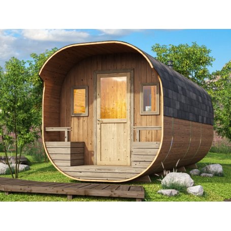 Isoin ja pisin tynnyrisauna Armas 565 lämpöpuusta eli termo puusta, sauna pesuhuoneella. Laadukas tynnyri muotoinen pihasauna