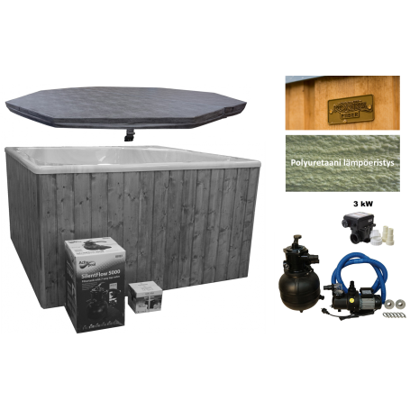 Laadukas Sähkökäyttöinen Kylpytynnyri setti, 1650 L, sopiva 6 hengelle. Helppokäyttöinen ja pysyy puhtaana. Kotiin toimitus.